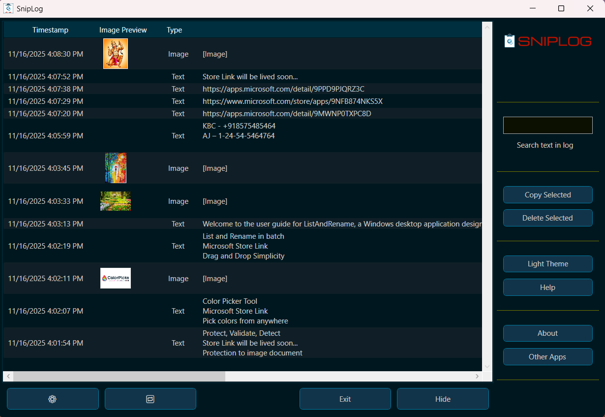 SnipLog dark theme screenshot